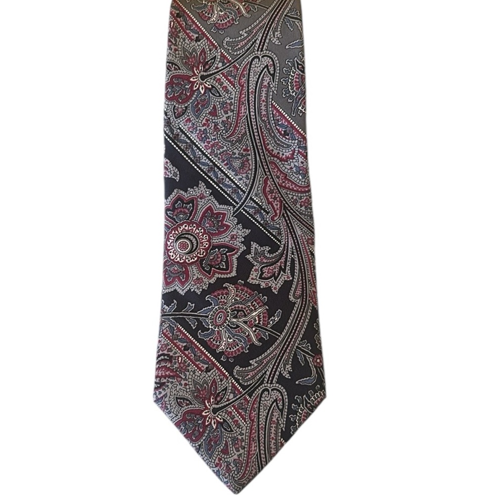 Christian Dior Vintage Gray Botanical Paisley Print 100% Silk Neck Tie